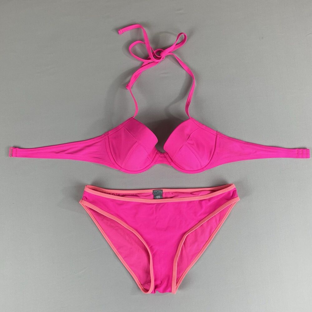 Aerie Blakey Bikini Women's 34B Top Small Bottom Hot Pink & Orange Trim Beach